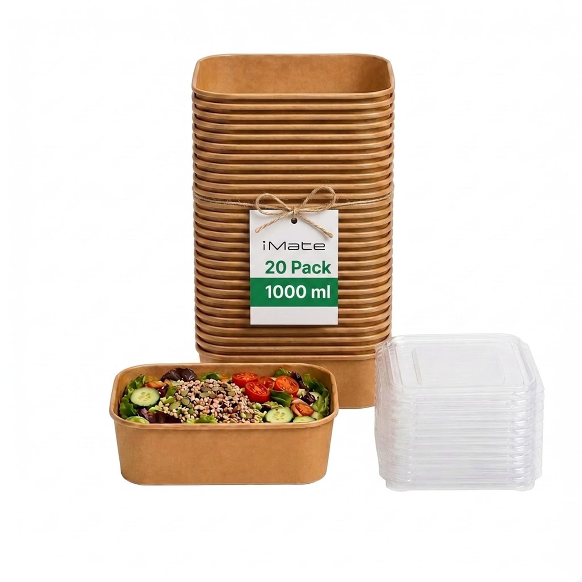 iMate 1000ml Disposable Kraft Food Containers 20 Pack Rectangular Takeaway Boxes with Plastic Lids - Leak Resistant Meal Prep Microwave and Freezer Safe - Stackable Storage for Catering and Home Use