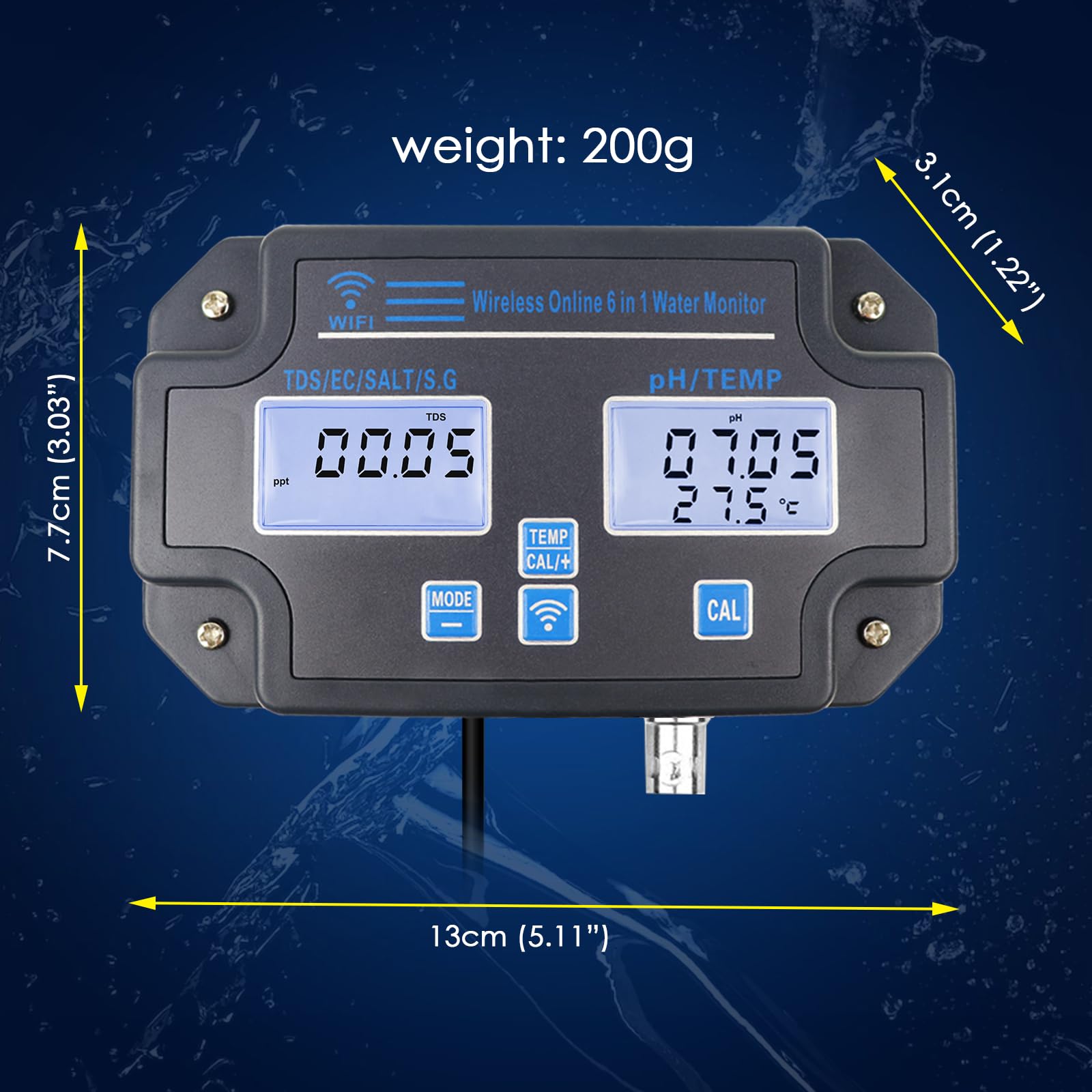 Probador de calidad de agua WLAN, monitor de pH 6 en 1, mide pH/EC/TDS/salinidad/peso y temperatura, monitoreo de aplicaciones en línea las 24 horas y almacenamiento de curvas de datos, medidor de pH