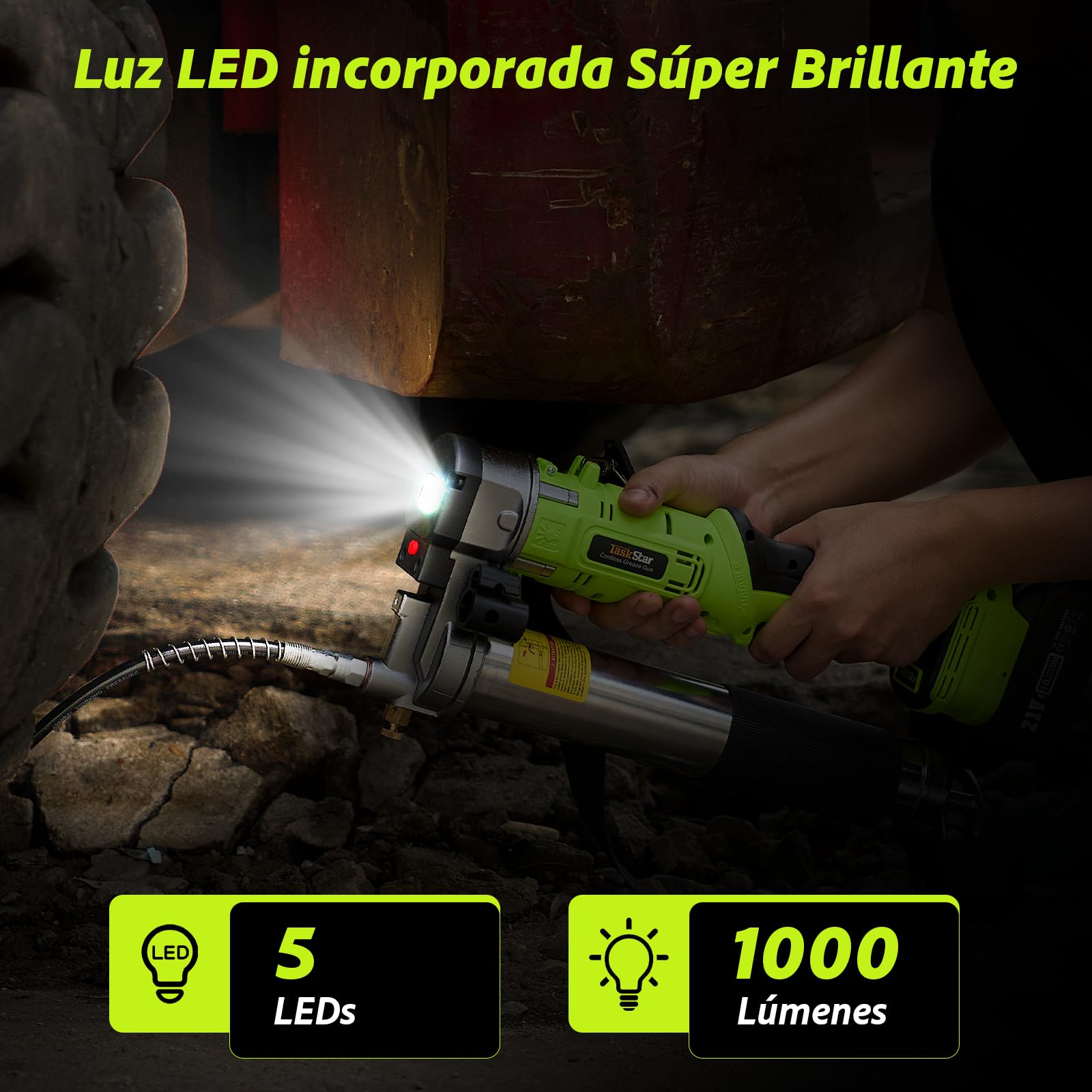 TaskStar Engrasadora 2 en 1 con 2* Baterías de 4000 mAh, [Mucho más Fácil de Usar] Engrasadora a Batería con Adaptador de Acoplador de Pistola de Engrasar de 90 Grados, y Luz LED Brillante