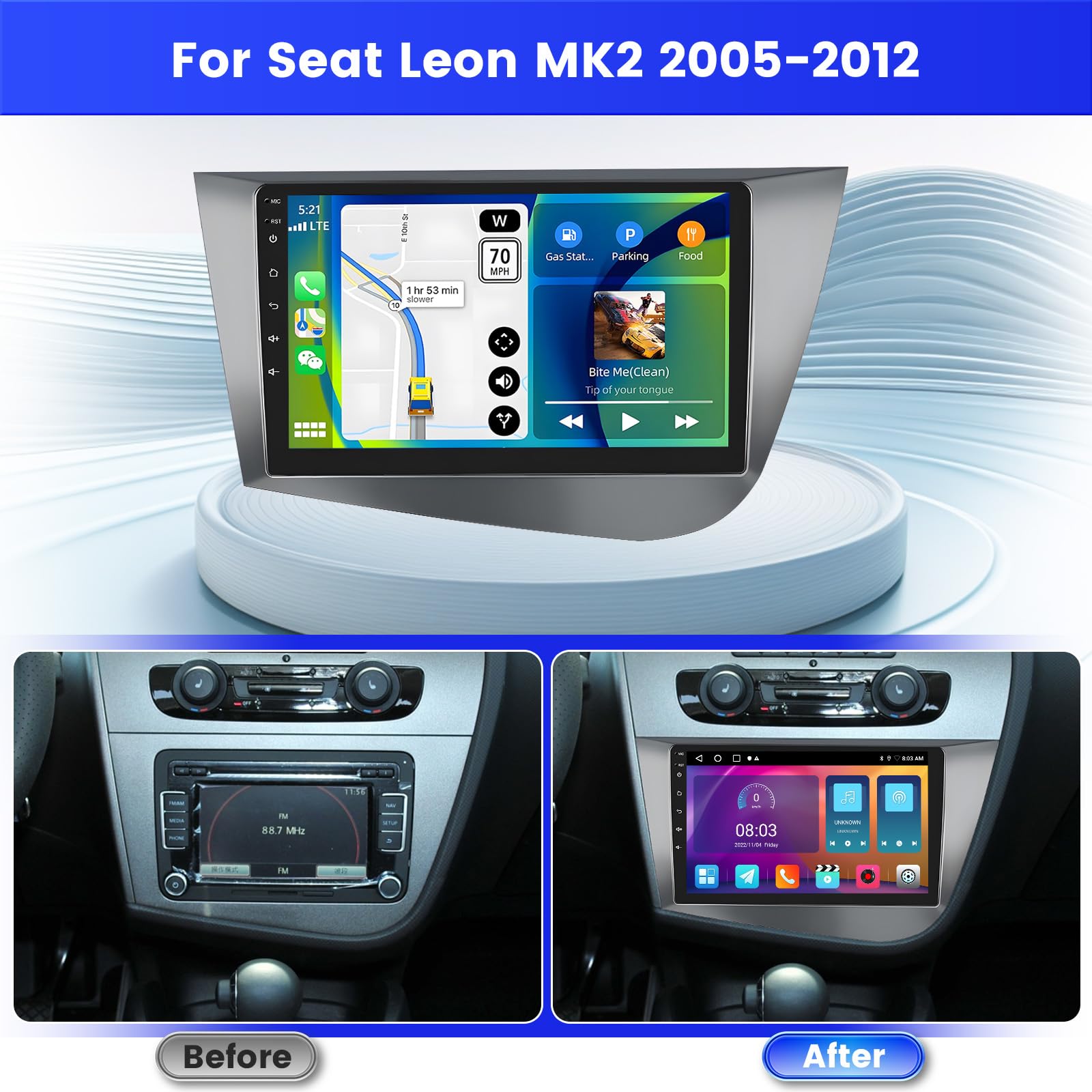 Inefala Radio para Seat Leon MK2 2005-2012 Android 15 2+64G con Wireless Carplay y Android Auto, 9'' Pantalla Táctil Estéreo Radio con Bluetooth 26UI EQ GPS FM/RDS SWC AHD Cámara Inversa