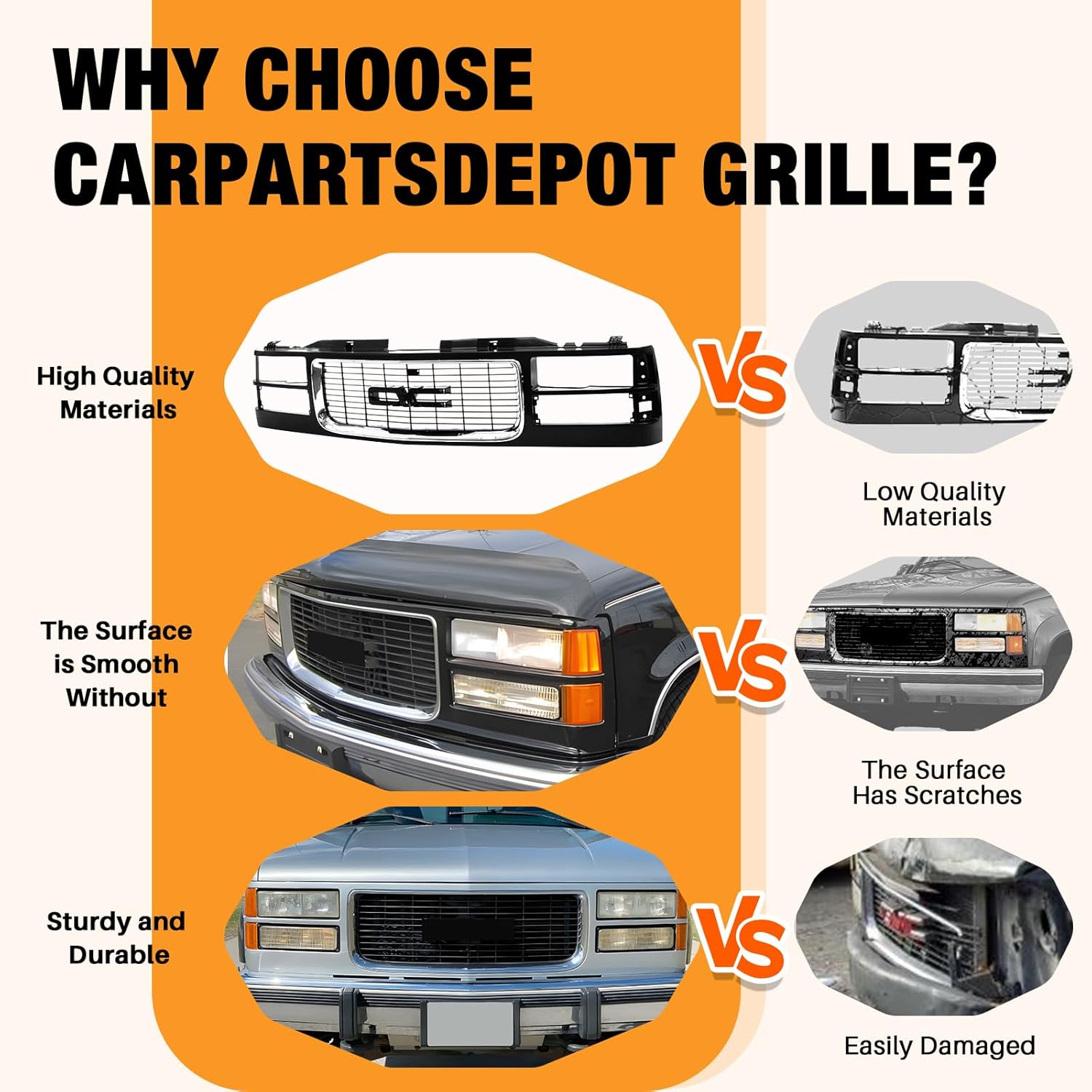 CarPartsDepot Front Grille Grill Chrome Opening Compatible With 1994-2000 GMC C/K 1500 2500 3500 Yukon w/Emblem Provision