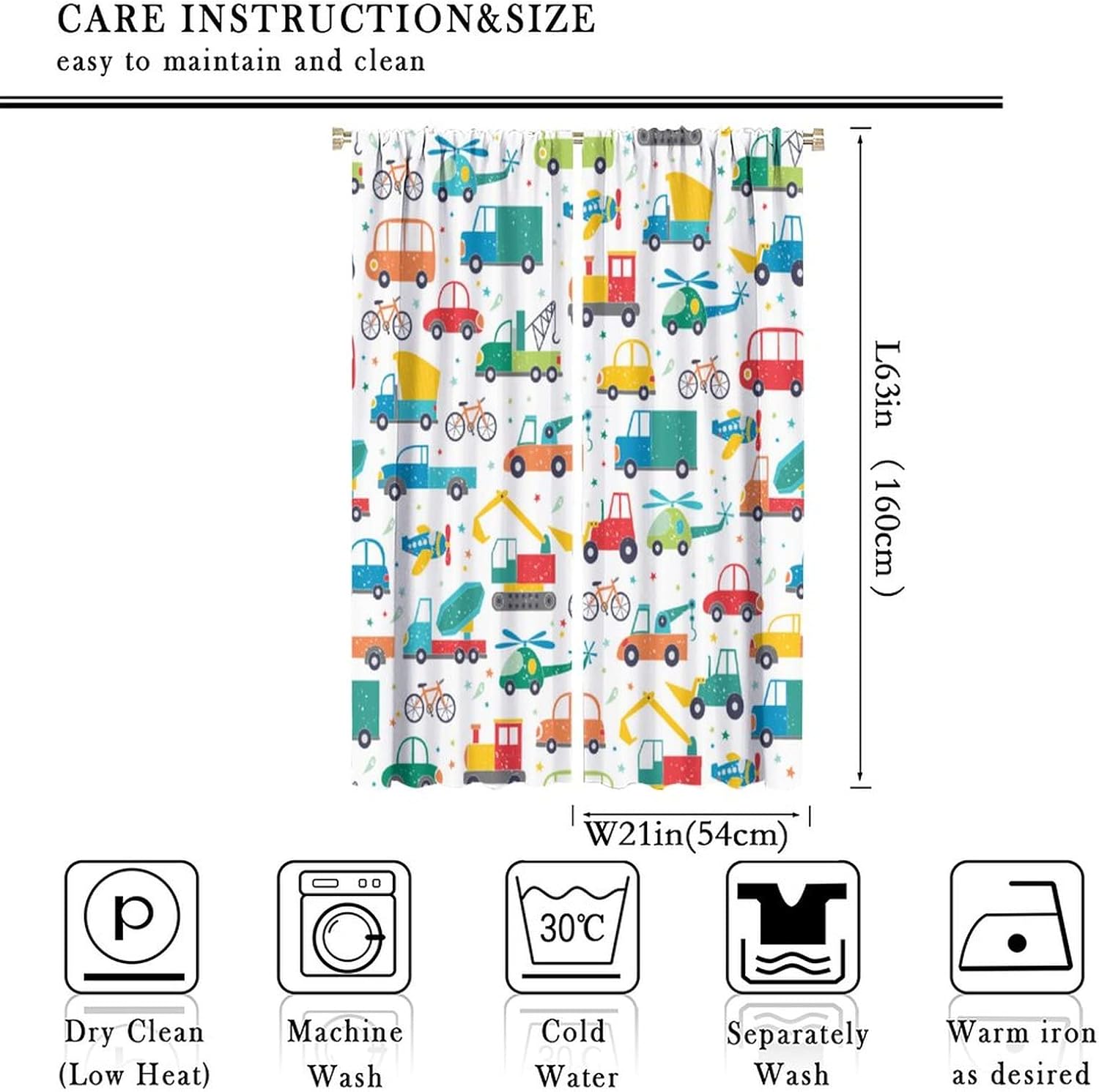 Cartoon Cars Print Blackout Curtains, Cute Shovel Trucks Transport Pattern Theme Home Fabric Kids Boys Girls Baby Bedroom Living Room Decor W42xL63in