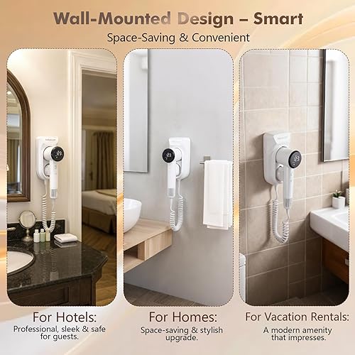 Miniatura 2 de Secador de pelo de montaje en pared 2026, 4 ajustes de calor, 2 ajustes de velocidad, secador de baño de alta velocidad de 1600 W con luz nocturna