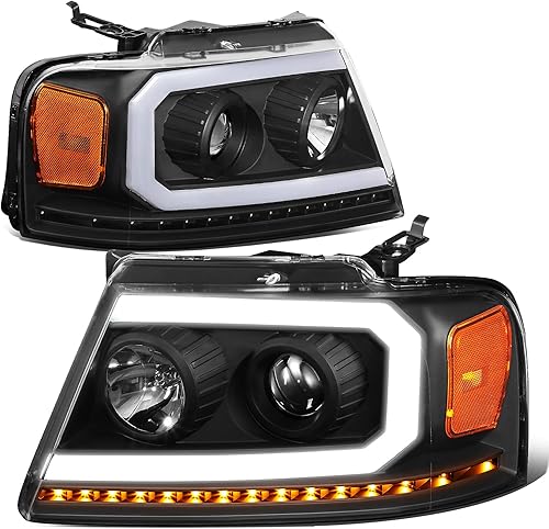 DNA MOTORING HL-HPL-F15004-BK-AM - Faros delanteros negros ámbar de repuesto para 04-08 F-150 06-08 Mark LT secuencial persecución ámbar LED