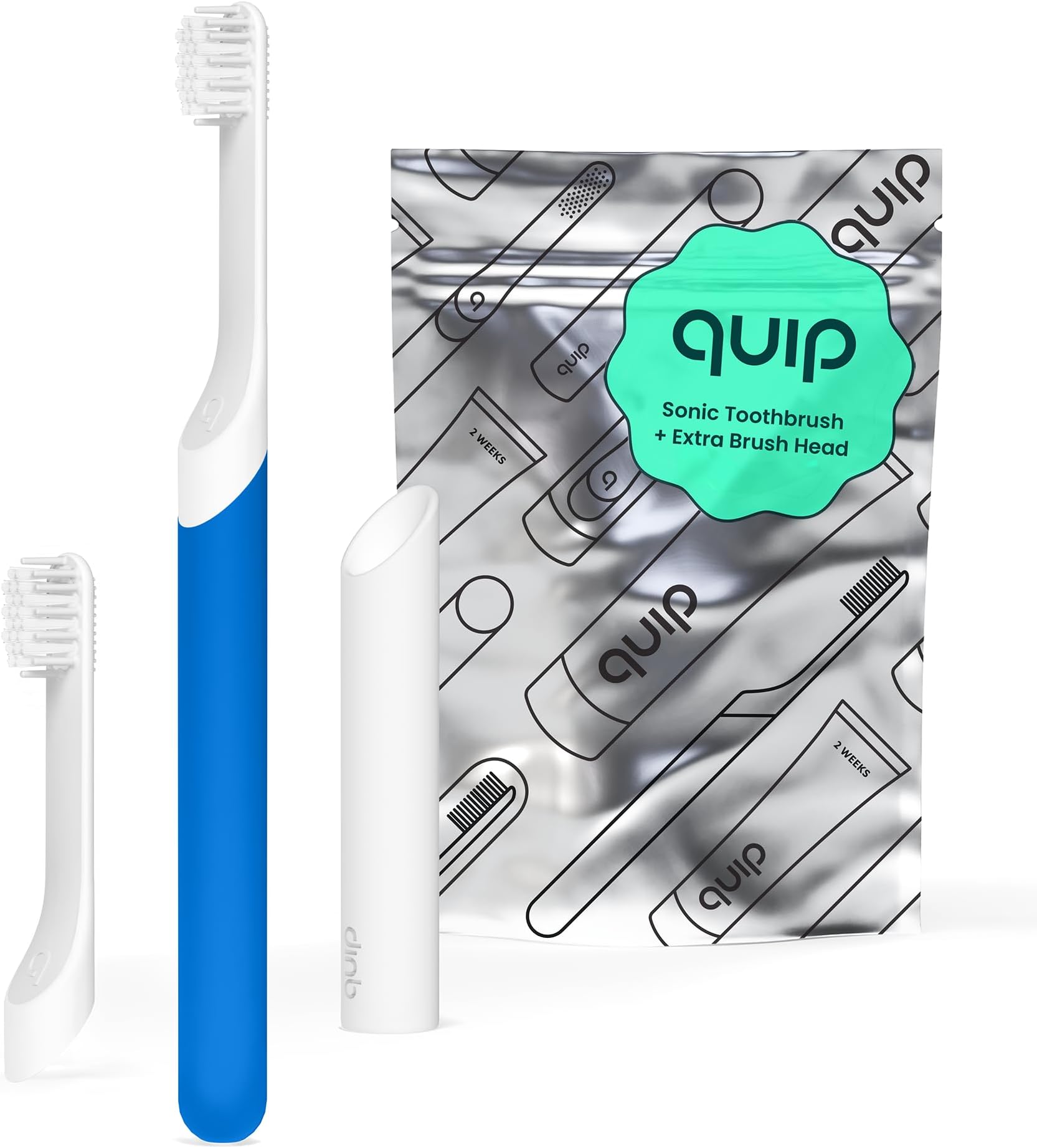 QuipSonic Toothbrush for Kids with Timer - Includes Extra Brush Head and Travel Cover Mount - Electric, Soft Bristle Refill Head, Rubber Handle, 3 Month Battery Life - Travel Toothbrush - Blue