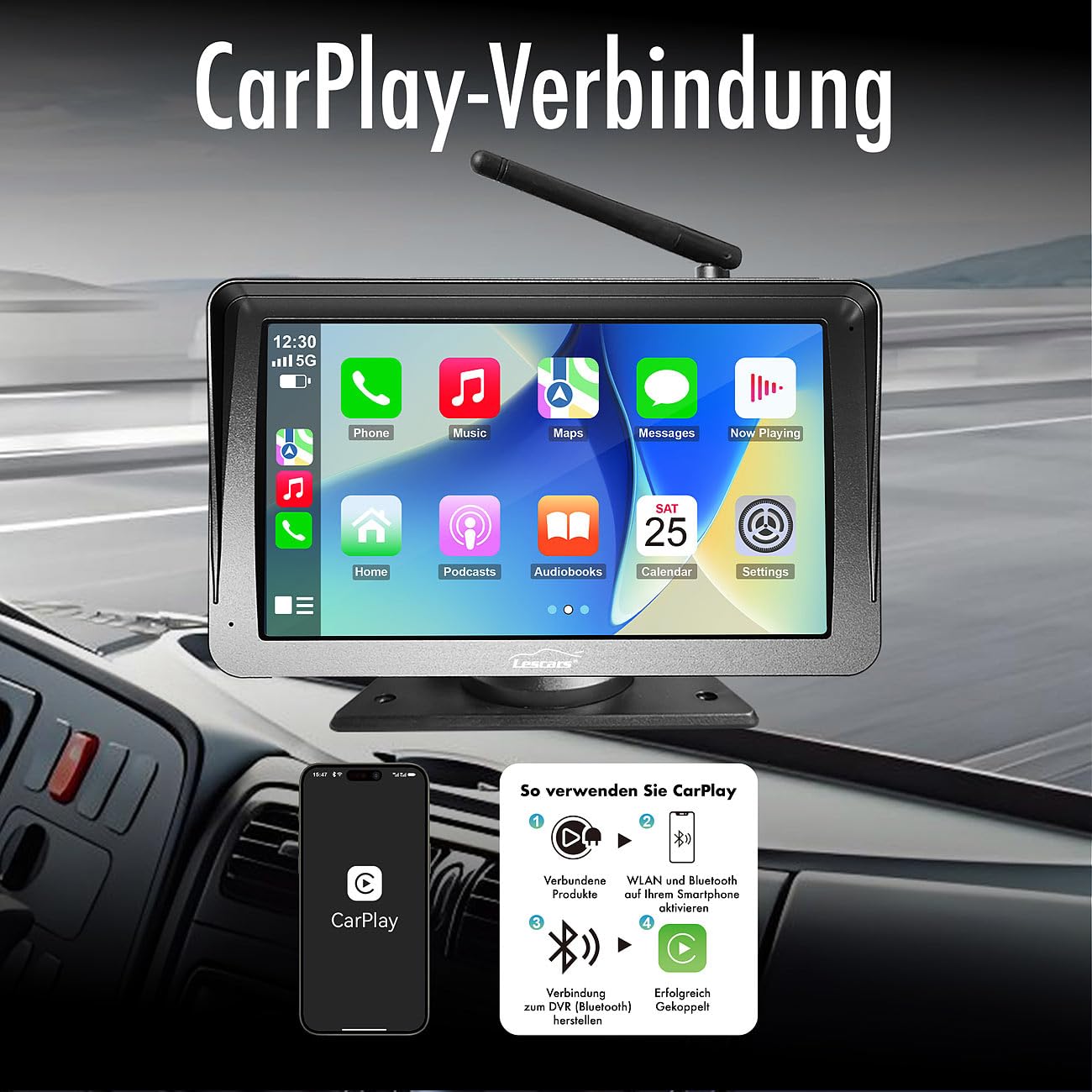 Lescars Einparkhilfe: Kabelloses Solar-Funk-Rückfahrkamera-Set, CarPlay-/Android-Auto-komp. (Abstandssensor & Rückfahrkamera, Carplay kompatible, Navi)