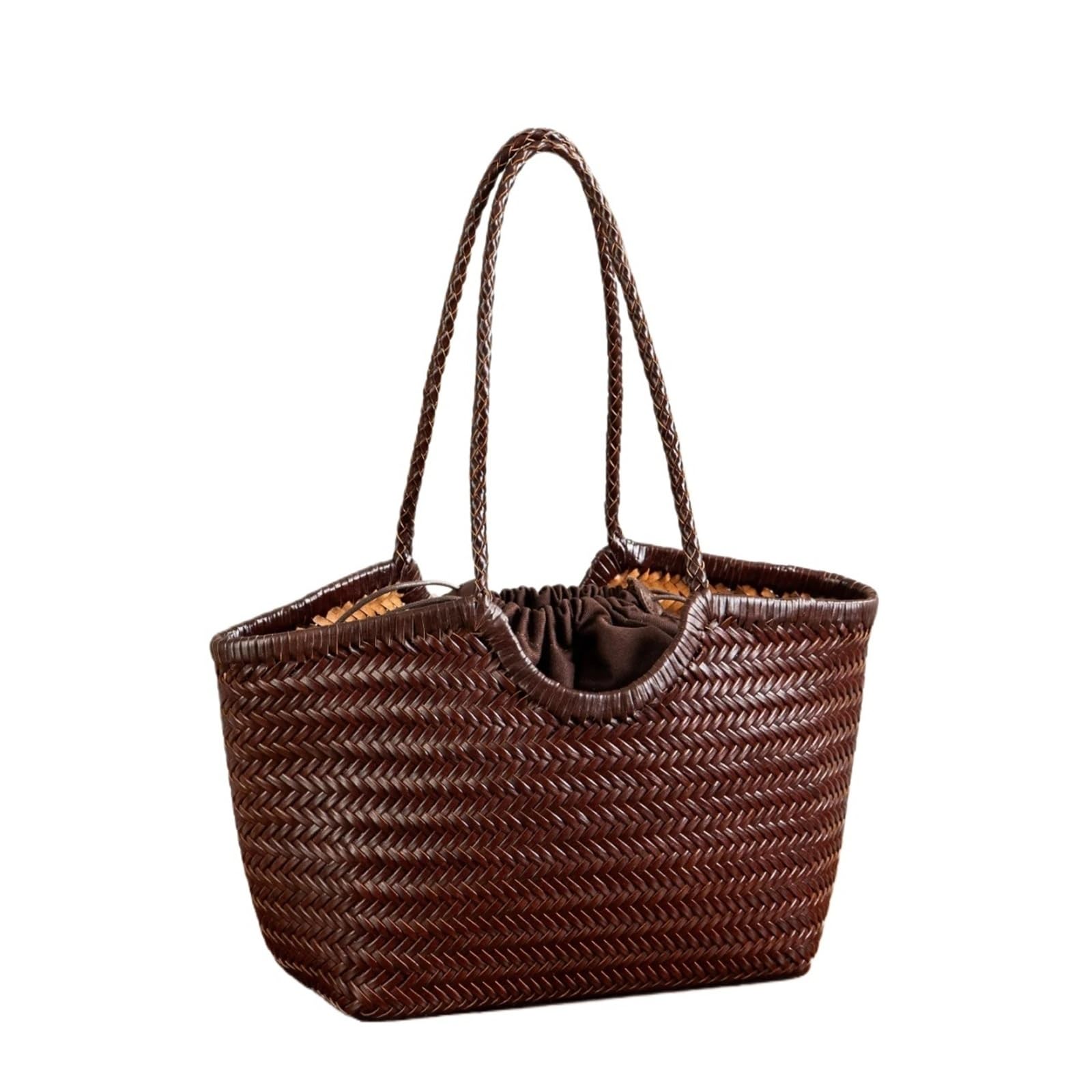 Geflochtene Tasche Leder Leder Handgewebte Einkaufstasche Damen Shopping Große Kapazität Schulter Design Gemüsekorb Einkaufen