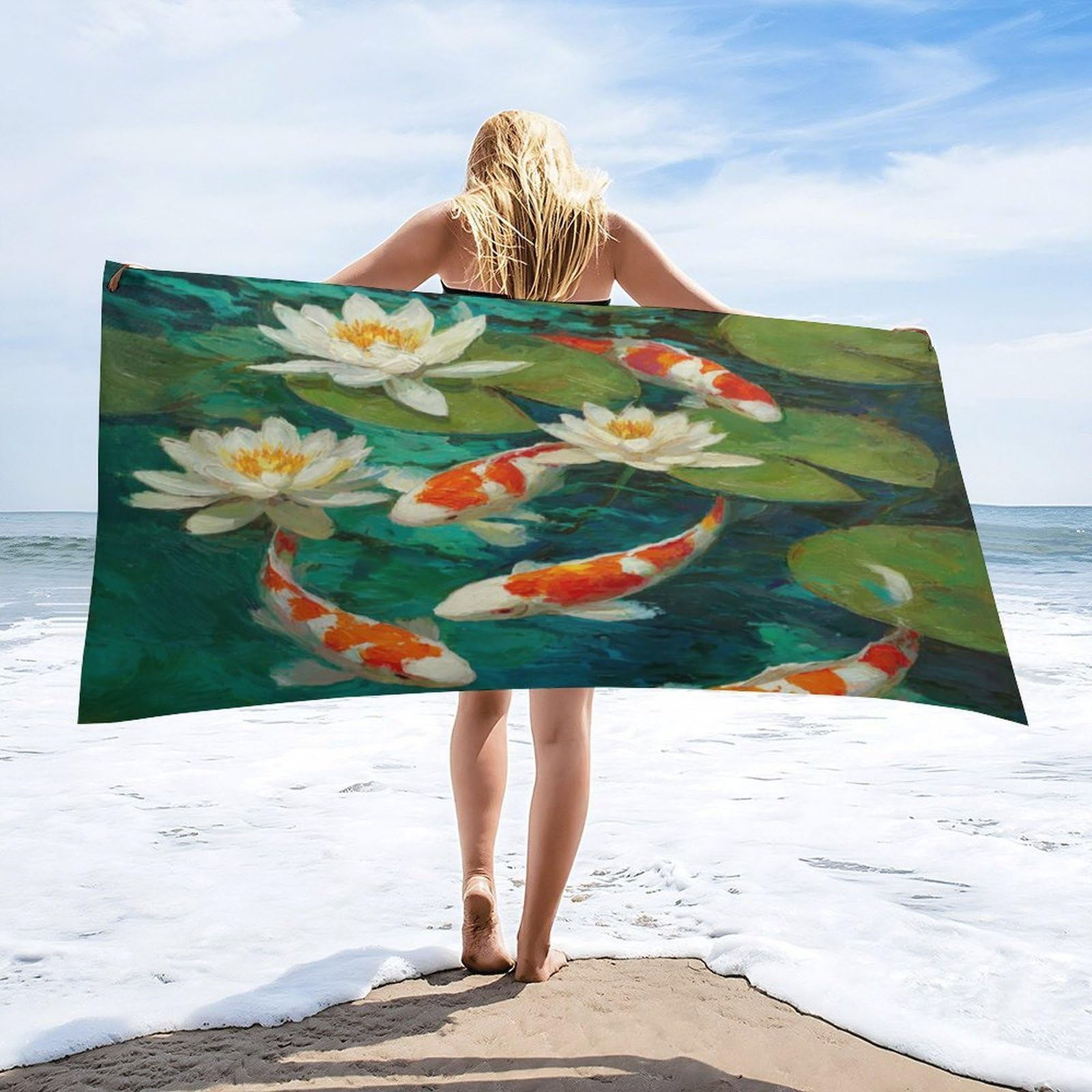 Luyysky Rustic Abstract Japanese Fish Absorbent Beach Towel, Classic Watercolor Botanical Plant Lotus Flowers Leaves Animal Fish Outdoor Single-Sided Velvet Beach Towel-80 W Cm X 160" L Cm