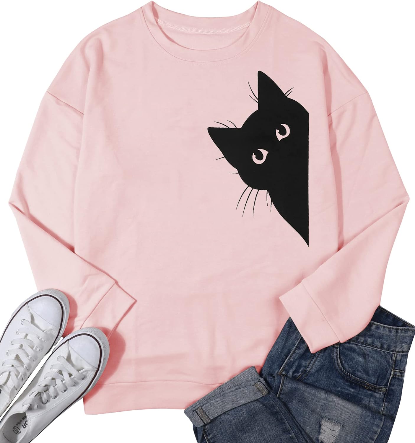 FRYAID Cat Sweatshirt Women Funny Black Cat Graphic Sweater Casual Cat Crewneck Holiday Long Sleeve Hoodie Pullover Top - Image 5
