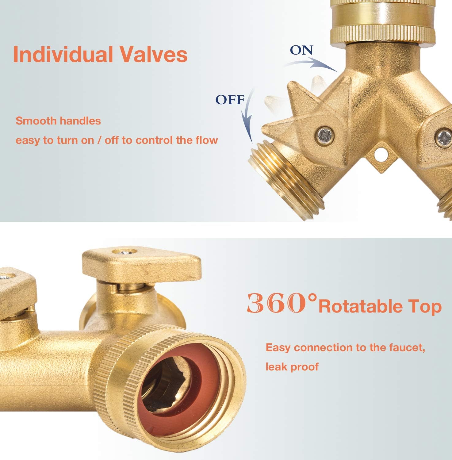 SHOWNEW Garden Hose Splitter 2 Way Heavy Duty Solid Brass Hose Y Valve Connector, 3/4” Garden Hose Adapter Water Hose Splitter with 2 Shut Off Valves and 6 Extra Rubber Washer - Pack of 2