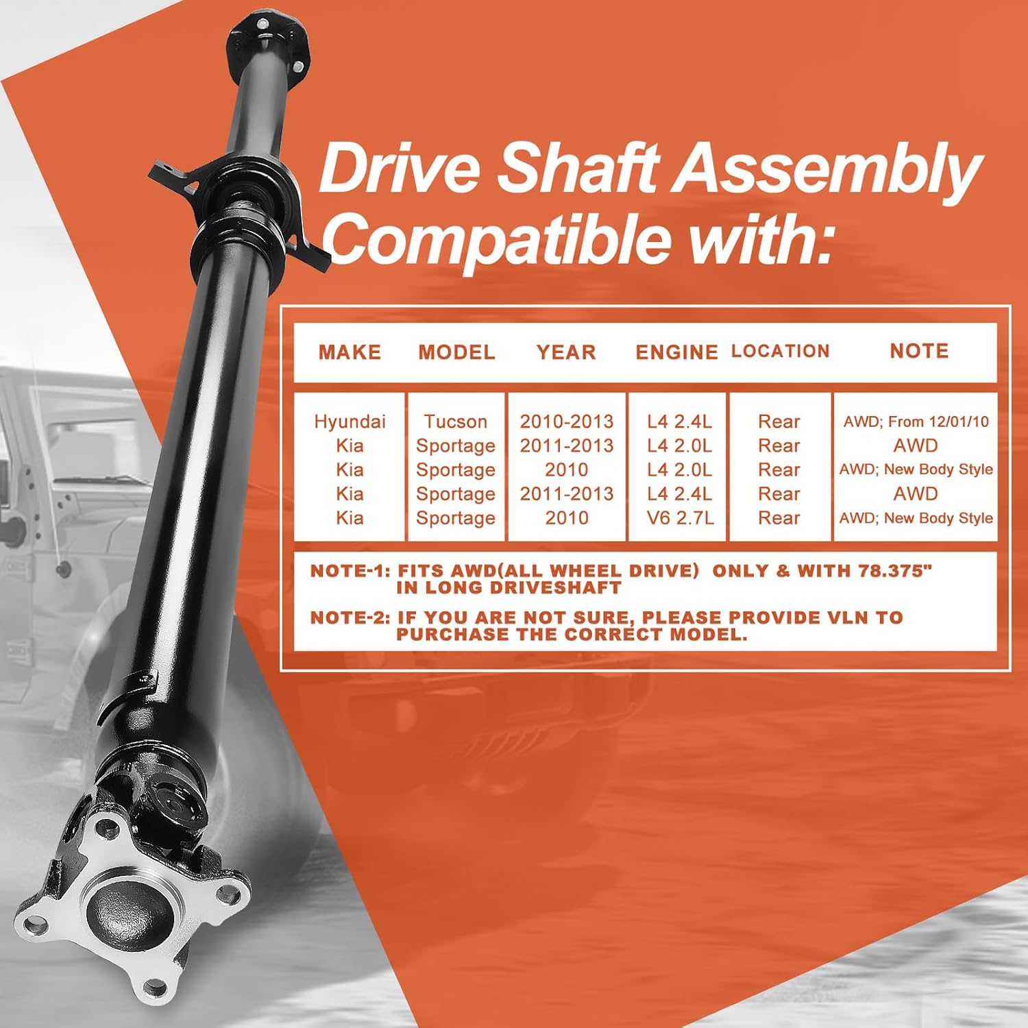 78.82‘’ - 80.47‘’ Complete Drive Shaft Prop Shaft Driveshaft Assembly Fit for Hyundai Tucson 2010-2013 2.4L| Kia Sportage 2010-2013 2.0L/2.4L/2.7 AWD, OE 65-3508