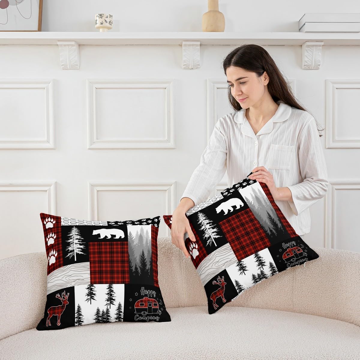 Erosebridal Buffalo Plaid Check Throw Pillow Covers 24x24 Inch Set of 2,Bear Elk Deer Wild Animal Cushion Covers,Retro Black Red Christmas Pillow Covers,Woodland Camping Decorative Pillow Covers