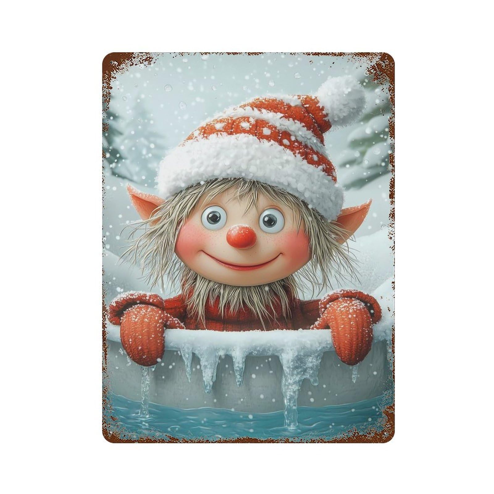 Christmas Elf in Snow Rusty Metal Tin Sign 15.7"x11.8", Industrial Home Decor for Garage, Pub Or Kitchen