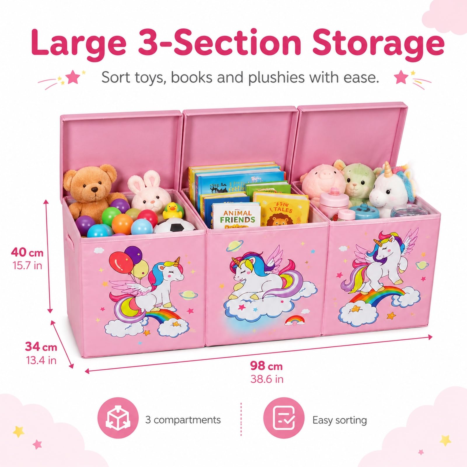 GOOGO Contenitore per giocattoli con coperchio, grande scatola pieghevole per cameretta, box porta giochi per libri, peluche e vestiti, 98 x 34 x 40 cm (rosa)