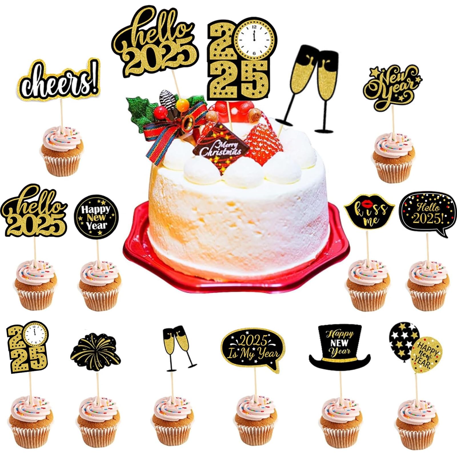 2025 Frohes Neues Jahr Cupcake Toppers – 24 Stück Tortendeko, Bunte Motive, Einfach Zu Befestigen