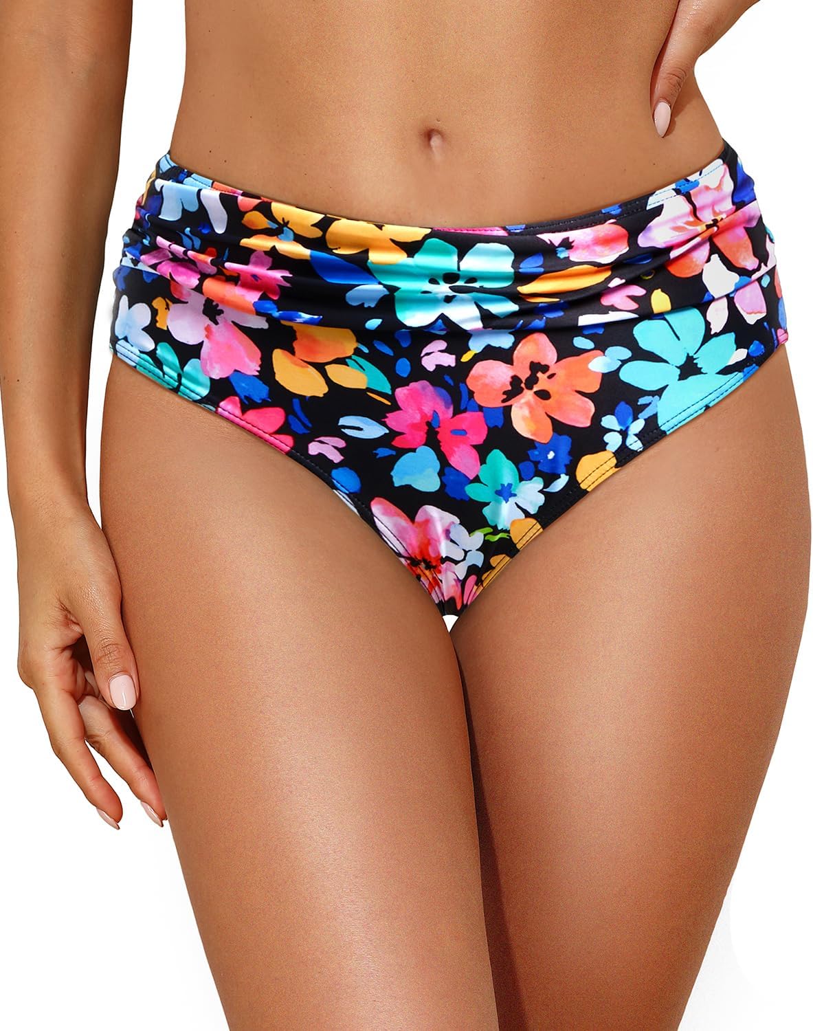 Tempt Me Women Mid Rise Bikini Bottoms Full Coverage Swimsuit Ruched Scrunch Swim Bottom