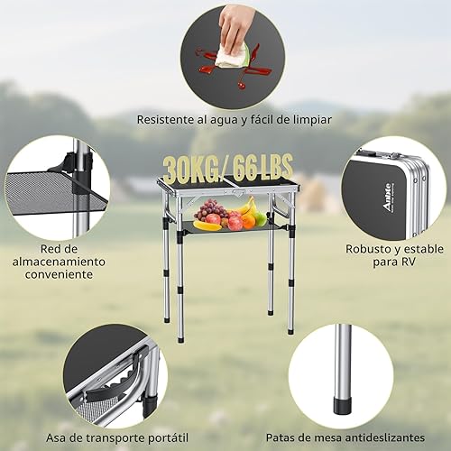 Miniatura 4 de Anbte Mesa de campamento plegable, de aluminio de 24 x 16 pulgadas, altura ajustable, pequeña mesa plegable con asa de transporte, ligera, mesa