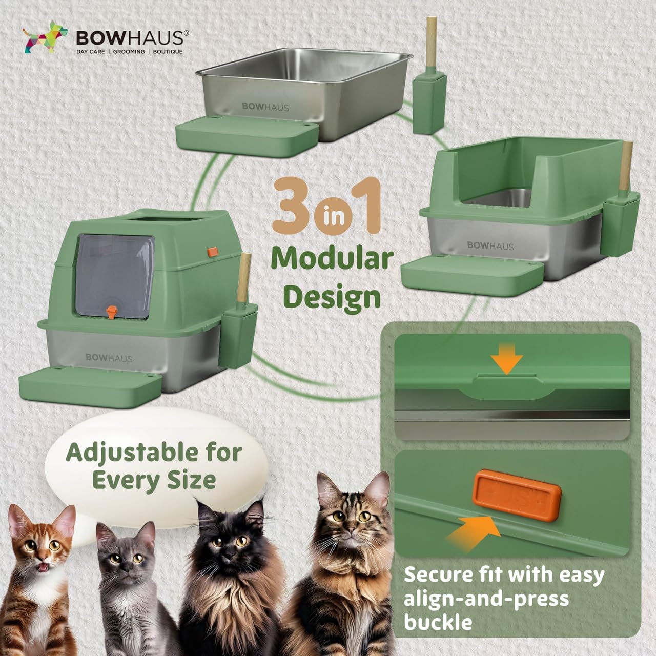 CAPHAUS XL 3 in 1 Enclosed Stainless Steel Cat Litter Box w/Lid, Extra Large High Sided Metal Cat Litter Pan, High Sided Steel Litter Box w/Scoop, Odor Control, Easy Clean & Anti-Leakage, Green