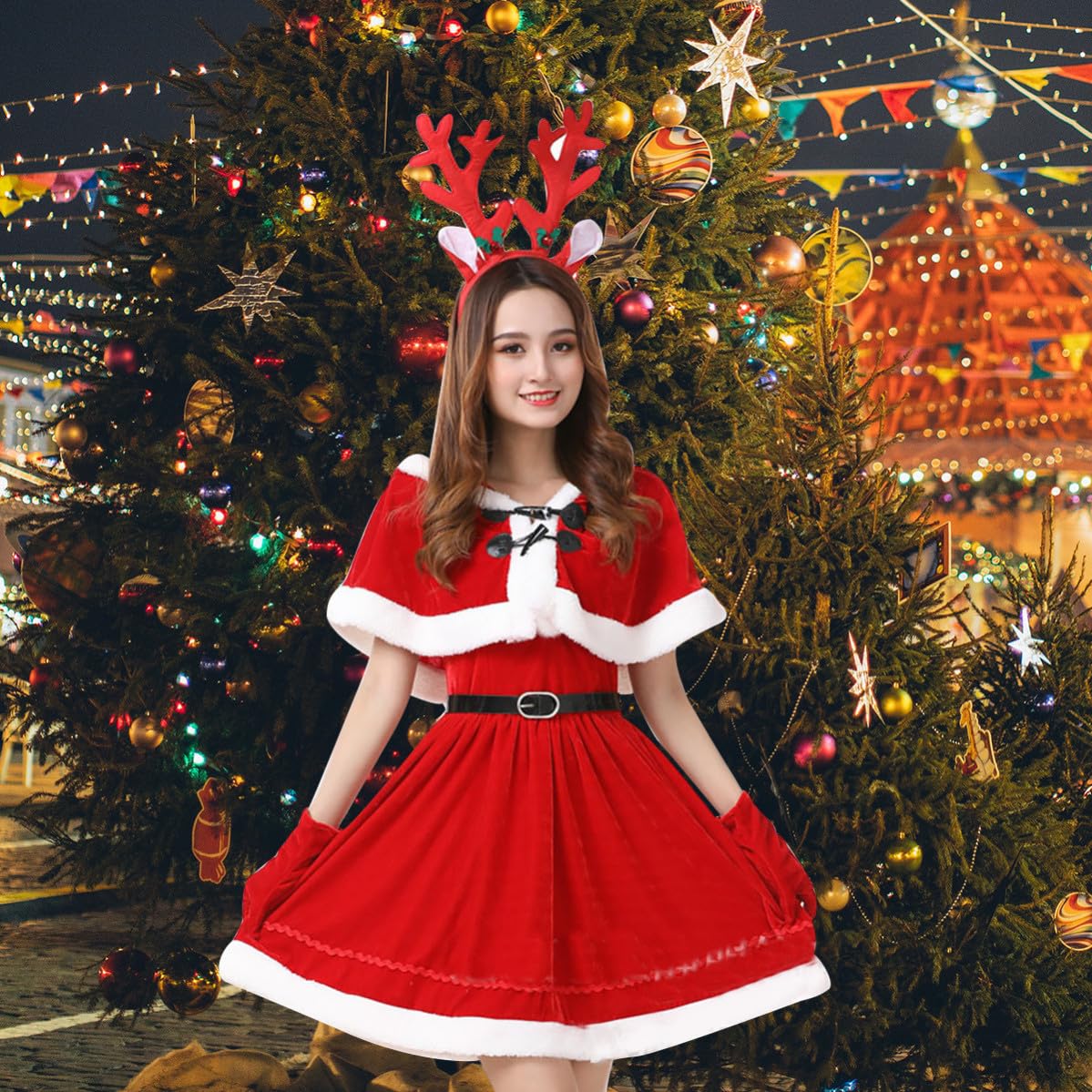BESTOYARD Vestito Cosplay Natalizio per Bambina in Poliestere Rosso Calore Elevato e Tessuto Confortevole, Costume da Renna Adorabile per Festa di Natale e Vigilia
