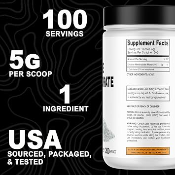 It's Just! - Creatine Monohydrate Powder, Pure Creatine Powder, Made in USA, 3rd Party Lab Tested, 5g Per Serving, Scoop Included, No Fillers, No Added Flavor (Unflavored, 1000g / 200 Servings)
