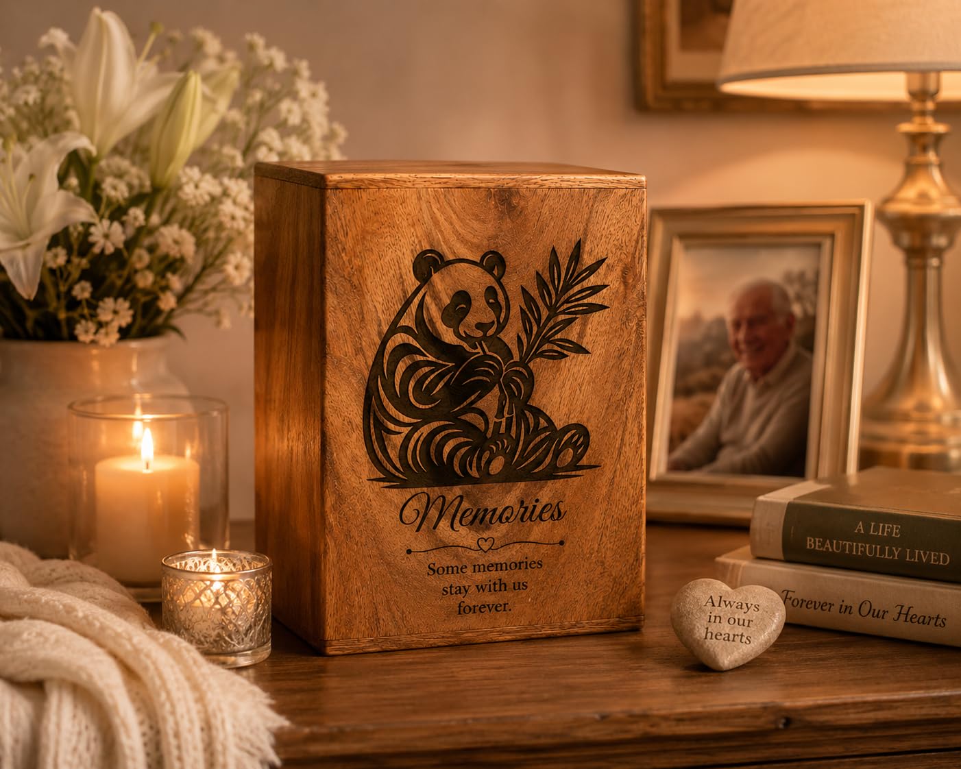Urna funebre in legno per ceneri umane, realizzata a mano, con design con panda, in legno massiccio, per ceneri di adulti, scatola dei ricordi per la casa