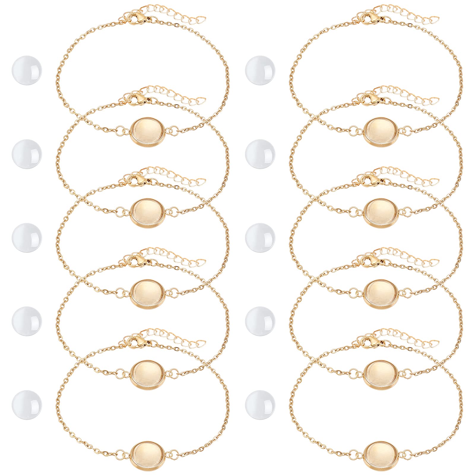 NBEADS 10 Sets Bracelet Making Kit - Gold Tray with 10 Pcs Stainless Steel Chain, Jewelry Bezel Base, Glass Cabochons & 50 Pcs Jump Rings