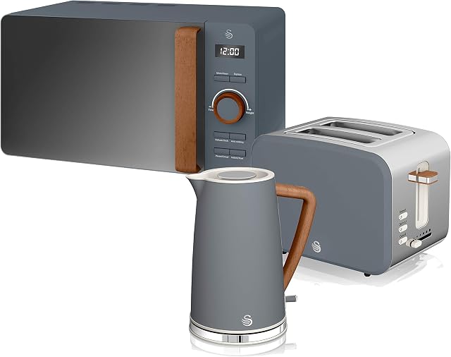 Swan Nordic zestaw śniadaniowy, czajnik elektryczny, 1,7 l, 2200 W, toster z szerokim otworem, 2 kromki, cyfrowa kuchenka mikrofalowa 20 l, nowoczesne wzornictwo, wygląd drewna, szary