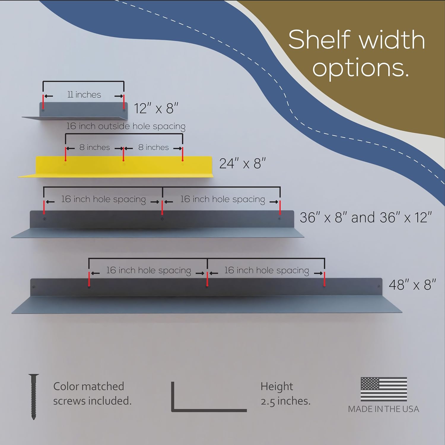 24x8 in Metal Floating Shelf Yellow Wall Mounted - Made in The USA - Bedroom, Living Room, Bathroom, Kitchen