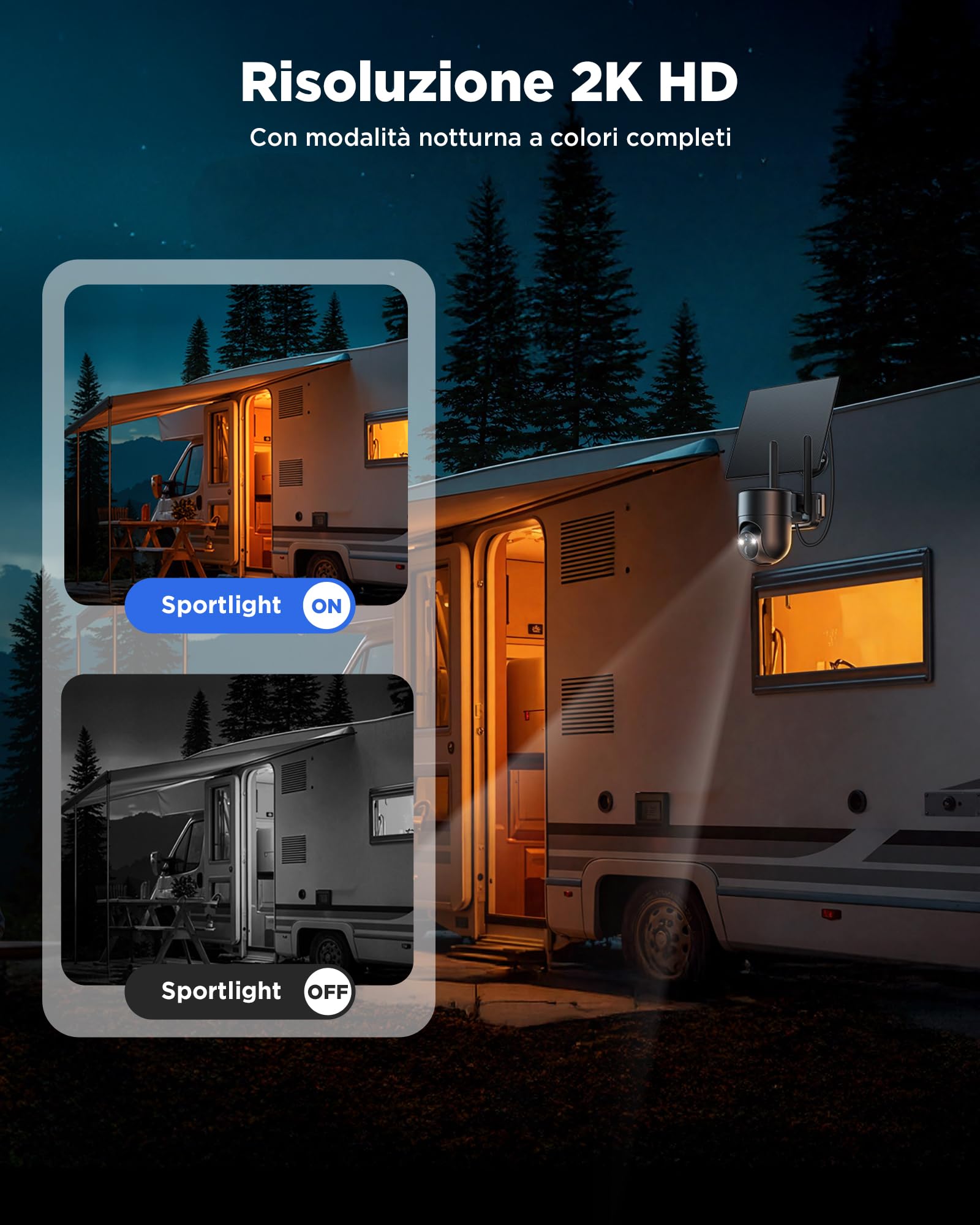4G LTE Telecamera Esterno Solare con SIM Senza Fili, 2K Telecamera con Pannello Solare e Batteria, 360° PTZ, Visione Notturna a Colori, Rilevamento PIR, Audio Bidirezionale, IP66, Senza WiFi