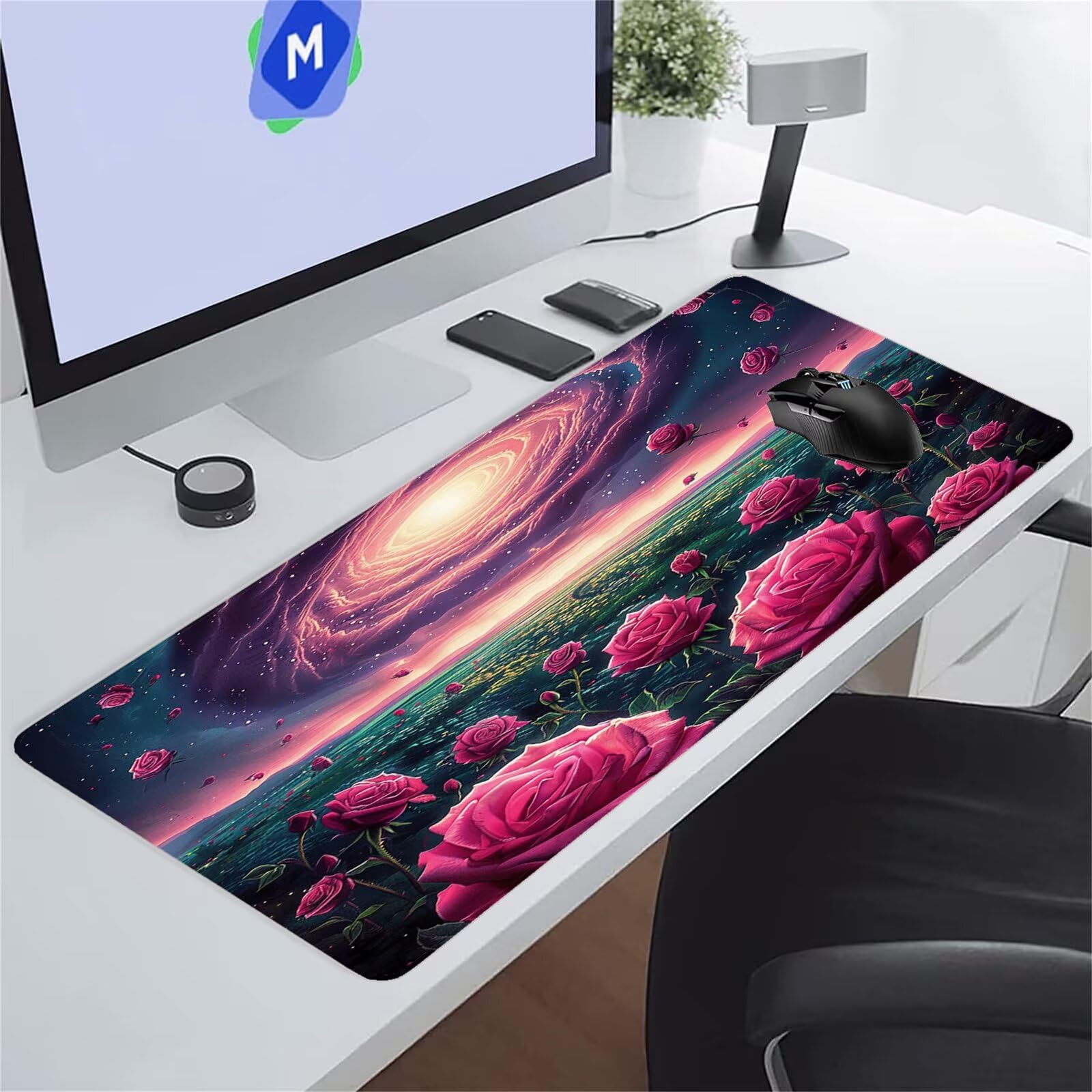 Tapis de Souris XXL Gaming Fleurs Ciel Étoilé Tapis de Souris Gamer 1500x800x2 mm Grand Tapis de Bureau avec Base en Caoutchouc Antidérapante pour Bureau, Études, Gaming