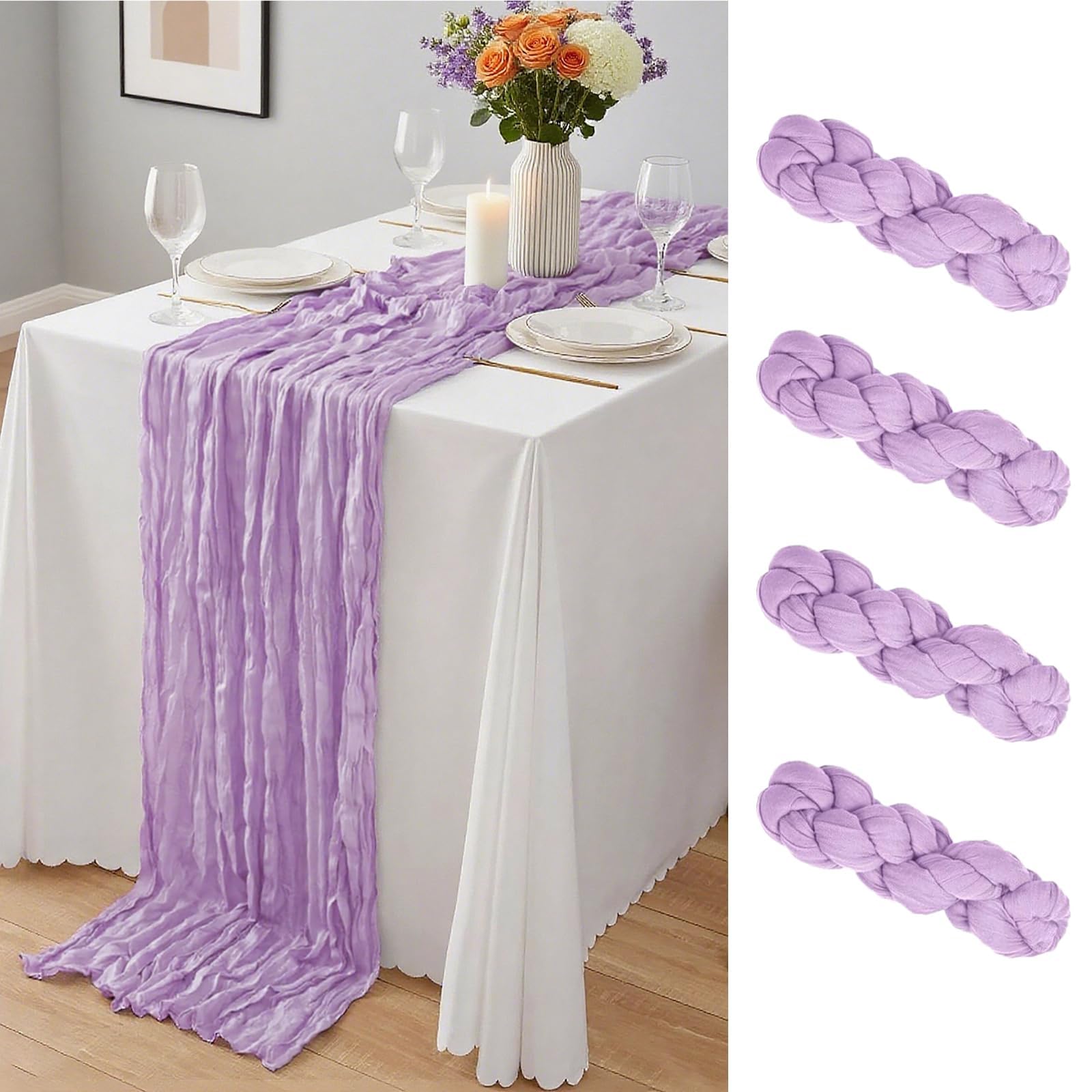 4 Pack Lavender Cheesecloth Table Runner, Semi Sheer Gauze Table Runners 21.5 x 120 Inch, 10Ft Bulk Cheese Cloth Fabric Runner for Wedding, Party, Baby Shower, Bridal Shower — image 1
