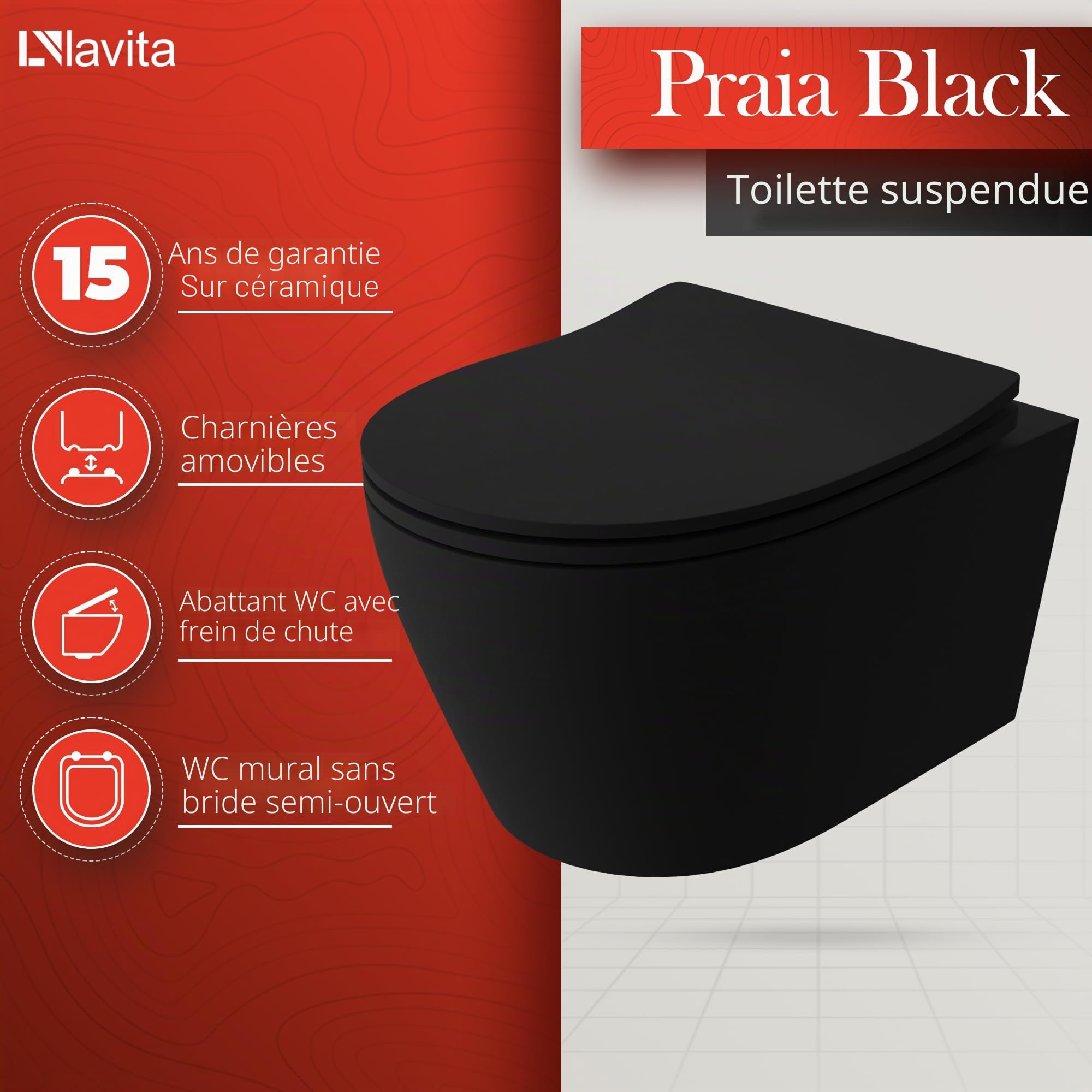 LAVITA | Élément mural Solido + WC suspendu mural Praia noir sans bord + abattant WC SoftClose | Bouton noir | Kit complet | Réservoir de chasse encastré | Kit complet | WC complet |