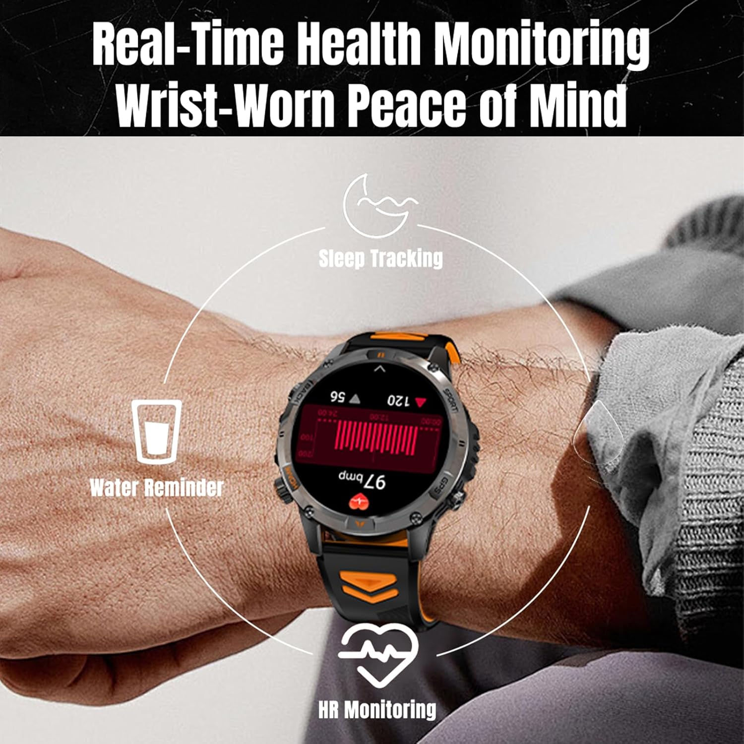 Yihou GPS Smart Watches for Men Fitness Watch Fitness Tracker with Compass Heart Rate Monitor Sleep Monitor Sports Modes Flashlight for Android iOS Black Orange