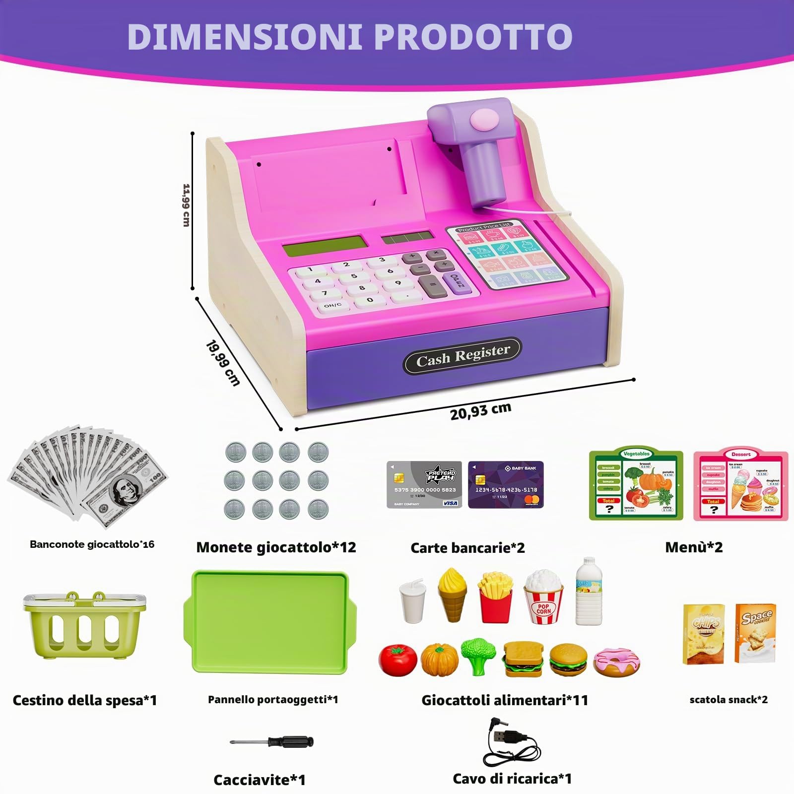 HYES Registratore di Cassa Giocattolo in Legno per Bambini con Scanner, Calcolatrice Reale, Giocattoli Soldi / Monete / Carta di Credito / Cesto Della Spesa, Giochi Regalo per Ragazzi Ragazze, Rosa