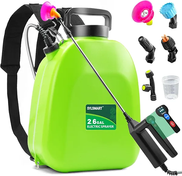 Sylsmart Battery Powered Backpack Sprayer 2.6 Gallon, Electric Lawn & Garden Sprayer with 4 Nozzles, 3 Modes, USB Rechargeable, Portable Yard Sprayer for Weed Killer, Fertilizer, Cleaning, Watering