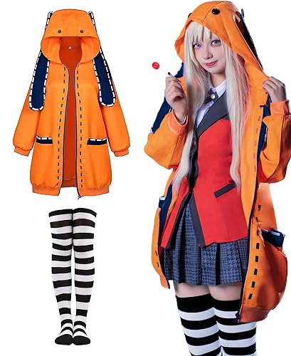 Kidukso Cool Anime Runa Cosplay Costume Women Orange Hoodie with Long Bunny Ears Halloween Hooded Zipper Jacket Coat - Large - Orange