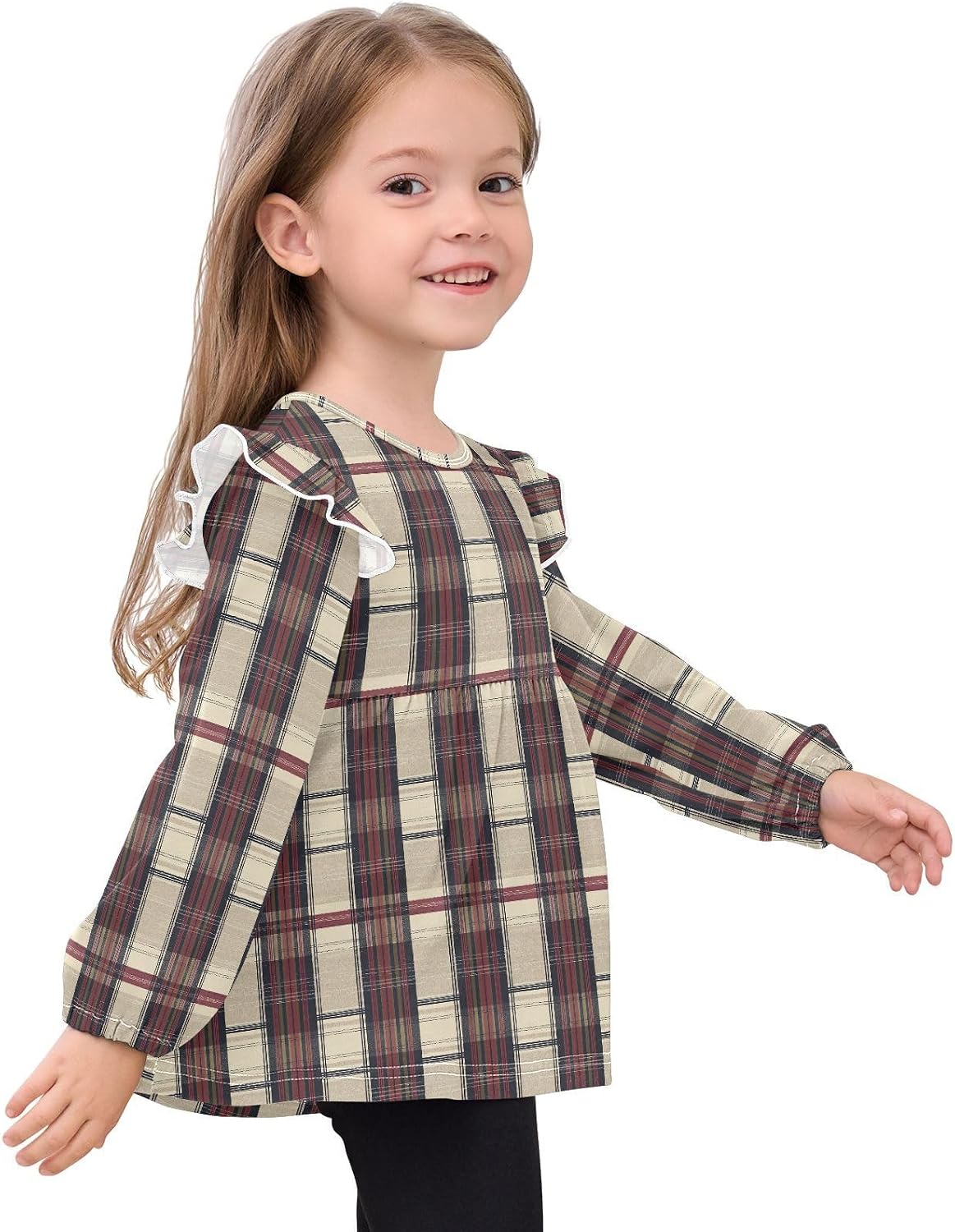 visesunny Toddler Clothes for Girls Vintage Black Red Plaid Stripe Long Sleeve Fall Shirts Cotton Top with Ruffle Collar