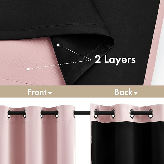 MIULEE Light Pink 100% Blackout Curtains for Girls Bedroom 63 Inch Long, 2 Thick Layers Thermal Insulated Black Out Window Curtains with Black Liner, Noise Reducing Living Room Drapes 2 Panels