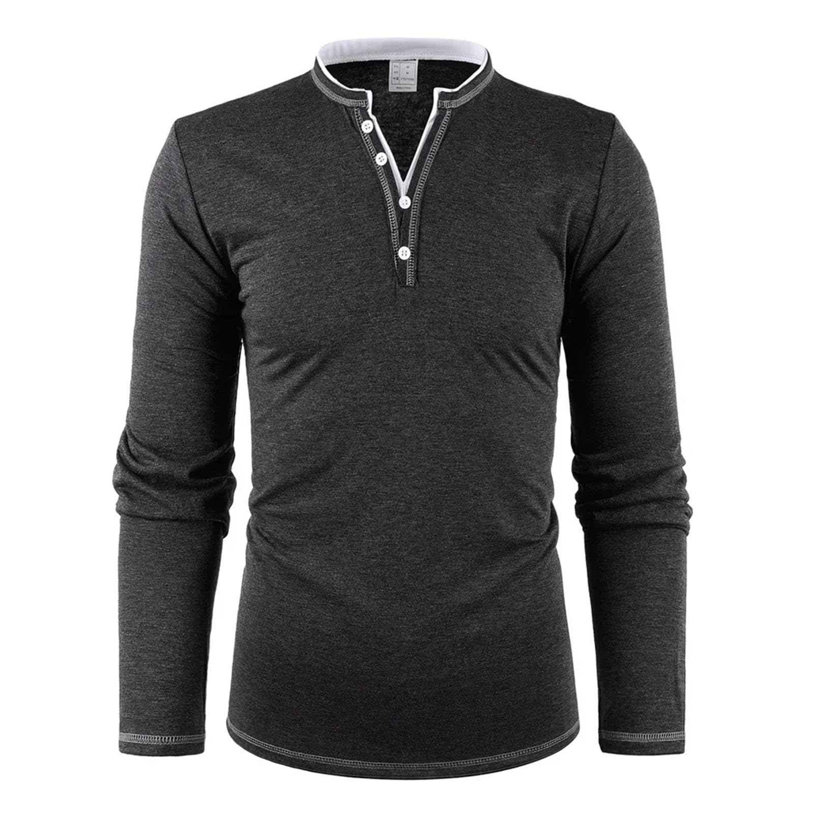 Maglietta da uomo a maniche lunghe, tinta unita, con bottoni, scollo a V, in morbido cotone elastico, traspirante, alla moda