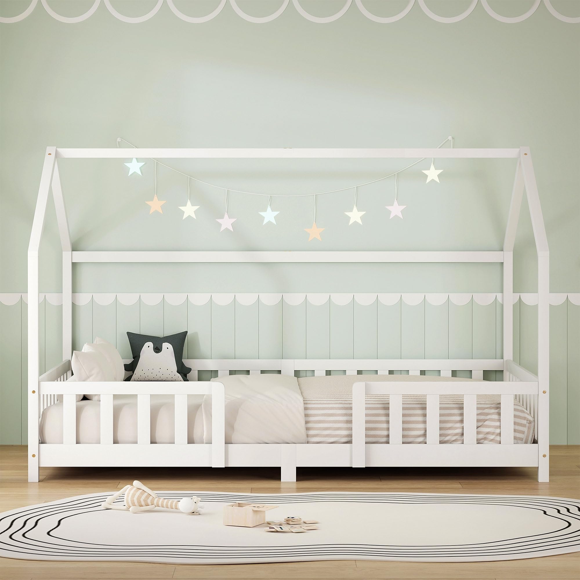 ML-Design Letto a Casetta per Bambini 120x200 cm Una Piazza e Mezza con Protezione Anticaduta, Tetto e Rete a Doghe, Bianco, Letto Montessori a Terra in Legno Massello di Pino, per Cameretta