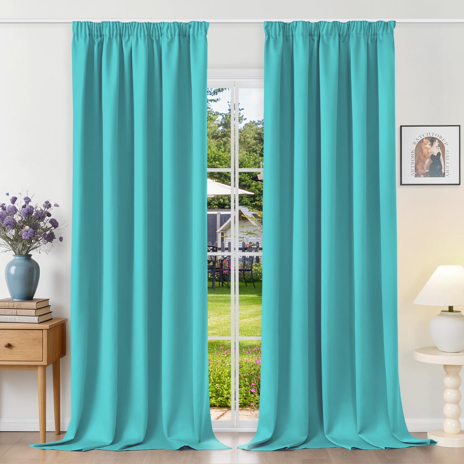 Runyéla Pencil Pleat Blackout Curtains for Bedroom Thermal Curtain 46 x 90 Inch Drop Living Room Kitchen 2 Panels Turquoise