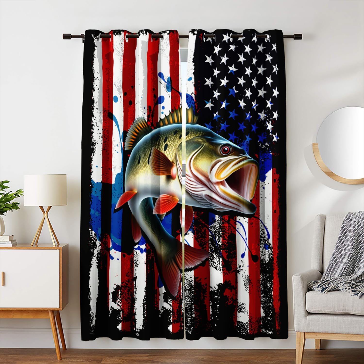 HOSIMA Bass Fish American Flag Curtains for Bedroom Essentials for Men, Big Pike Hunting and Fishing Themed Decor, 84 Inch Long 2 Panels for Living Room Kitchen Boys Bedroom