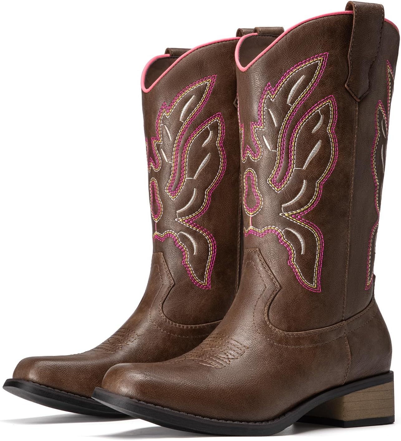 Athlefit Cowboy Cowgirl Boots for Women Mid Calf Square Toe Comfortable Pull On Chunky Heel Embroidery Western Boots