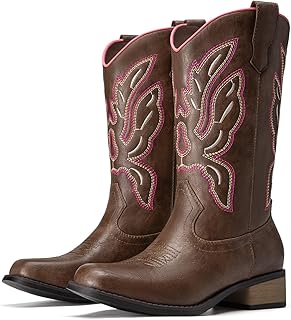 Athlefit Cowboy Cowgirl Boots for Women Mid Calf Square Toe Comfortable Pull On Chunky Heel Embroidery Western Boots