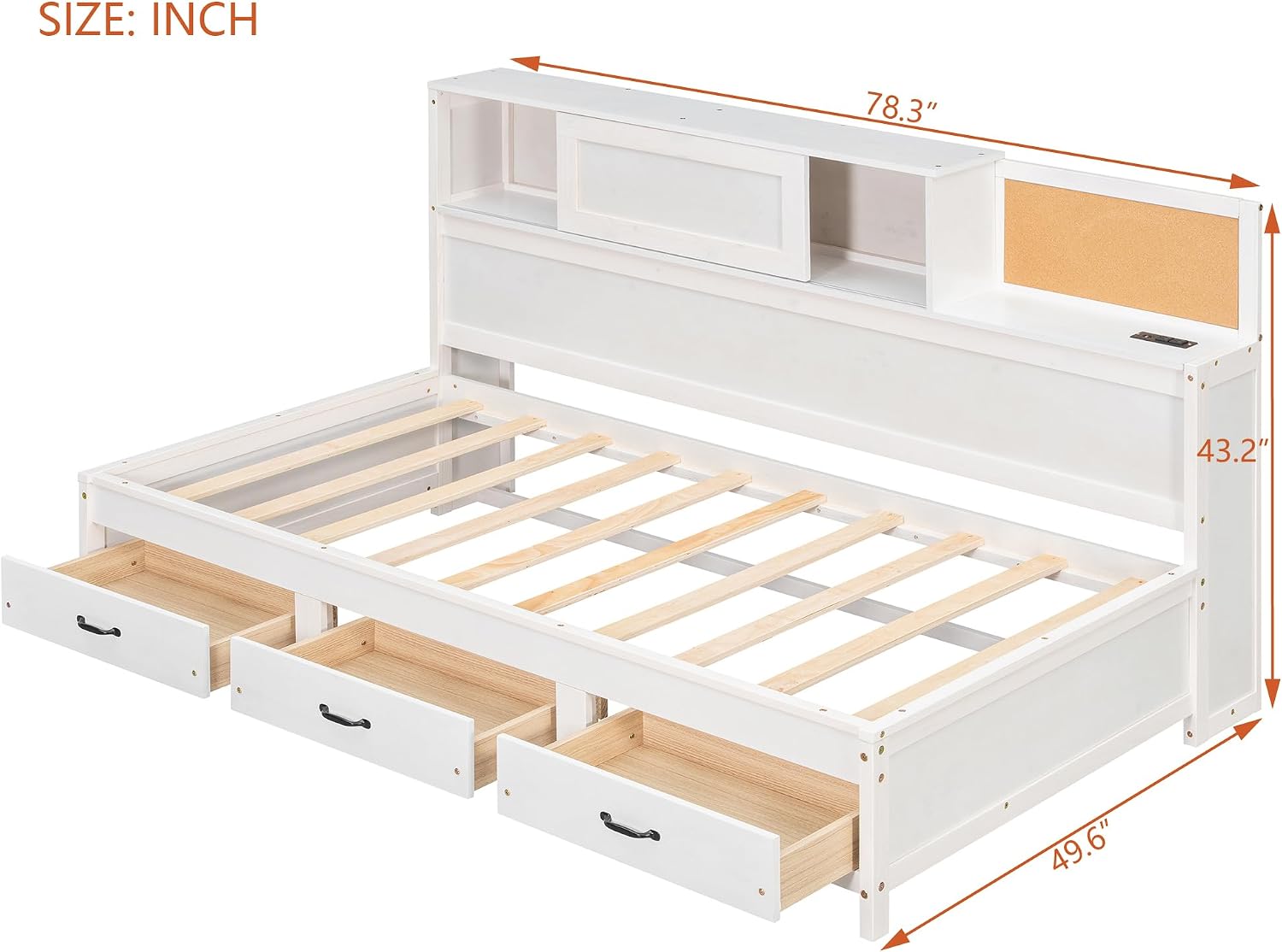 P PURLOVE Twin Daybed with 3 Storage Drawers, Wood Daybed Frame with Upper Soft Board, Shelf and a Set of Sockets and USB Ports, No Box Spring Needed (White)