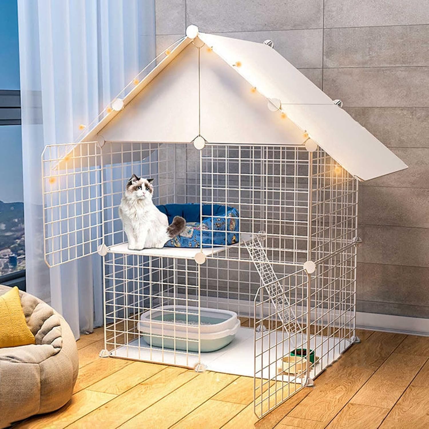 Dwupoziomowa obudowa dla zwierząt – składana i hamak(Bianco,B(A+cat nest+hammock))