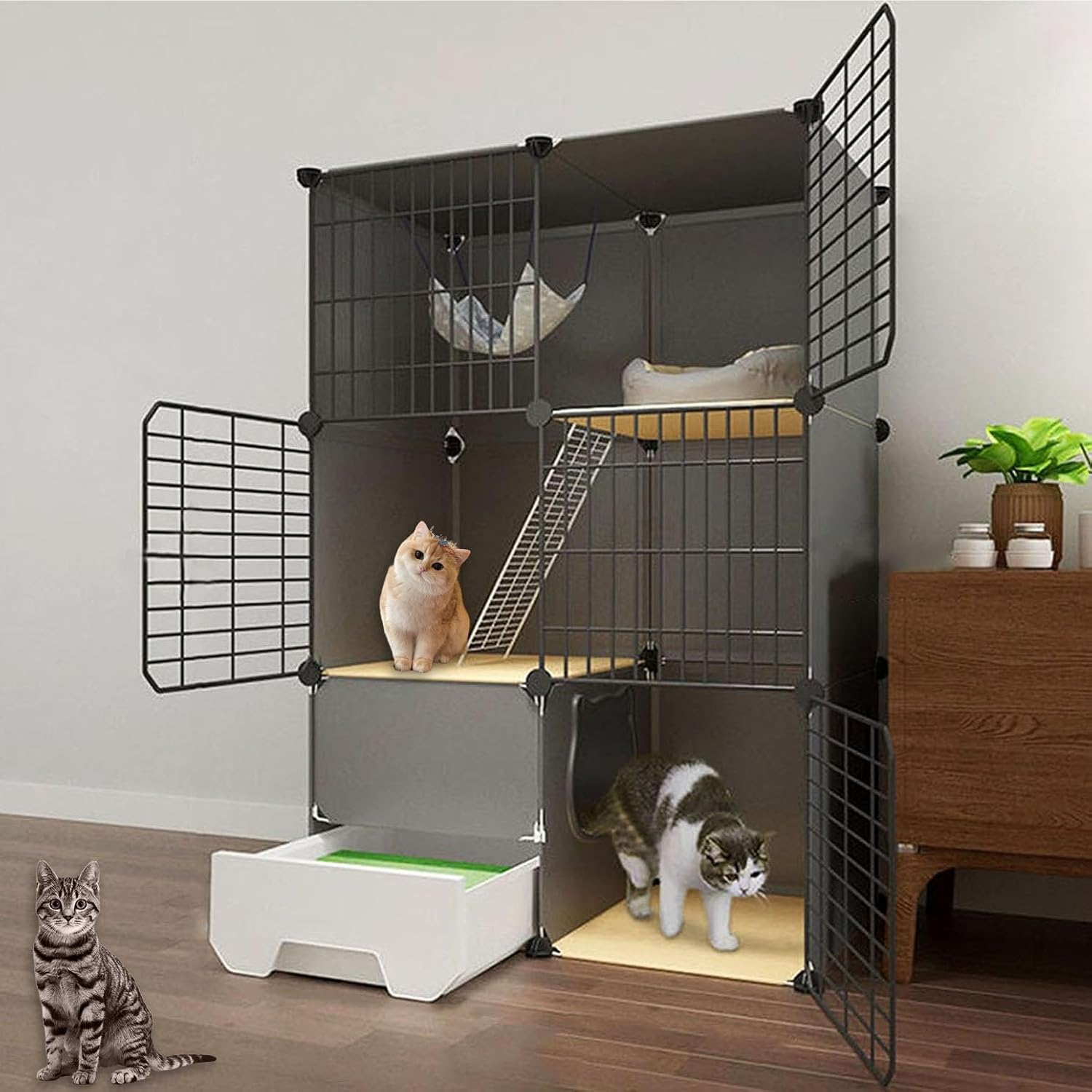Indoor Cat Cage Enclosure with Pull-Out Litter Box, DIY Cat House, Durable PVC Board & Metal Frame, Easy Clean, Large Size 75x49x111cm for Cats