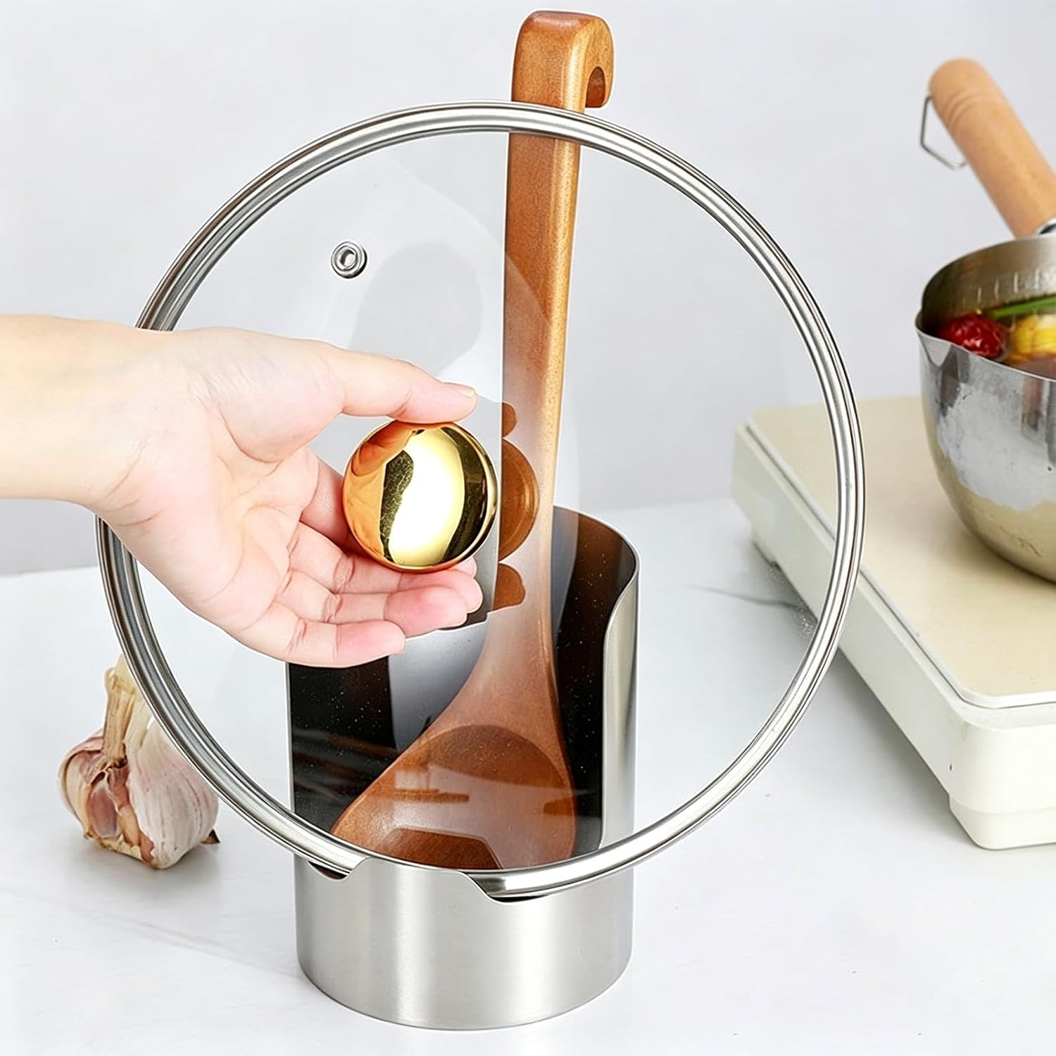 YOXIER Stainless Steel Spoon Rest, Pot Lid Organizer, Kitchen Gadgets image 5