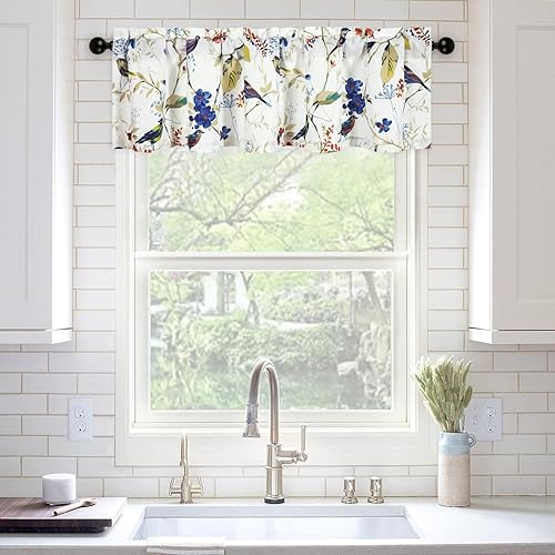 Miniatura 80 de VOGOL Cenefas con patrón de pájaros para ventanas de cocina, cenefa texturizada de lino con estampado floral y pájaros para ventanas pequeñas