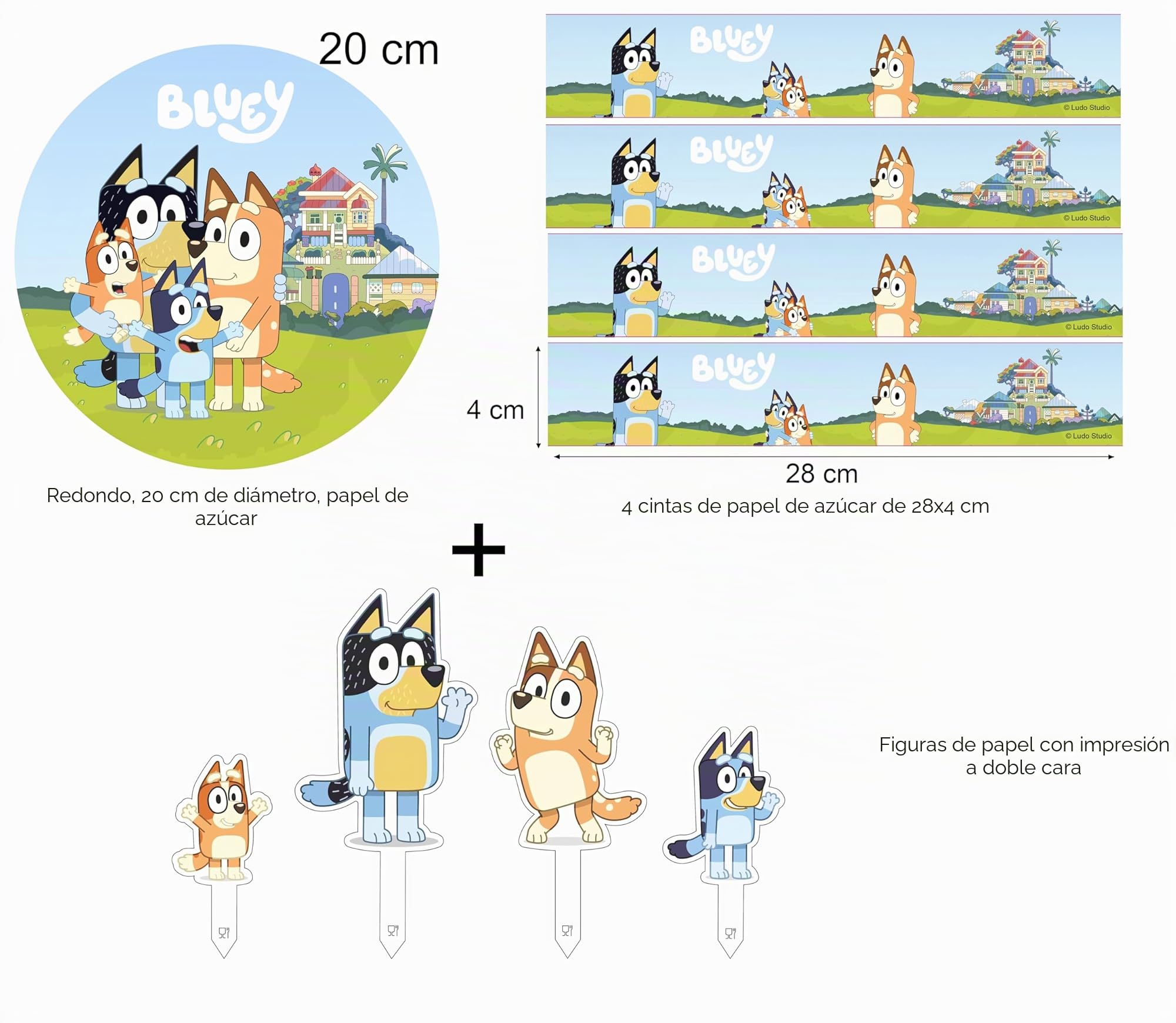 Kardasis Bluey - Decoración para tartas con figuras de papel, decoración comestible para tartas y pasteles, decoración para tarta de cumpleaños temática Bluey, 20 cm + 4 cintas de 28 x 4 cm + 4